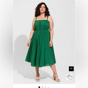 Torrid Midi Voile Pleated Bodice Sundress color is “green jacket” in plus size 4